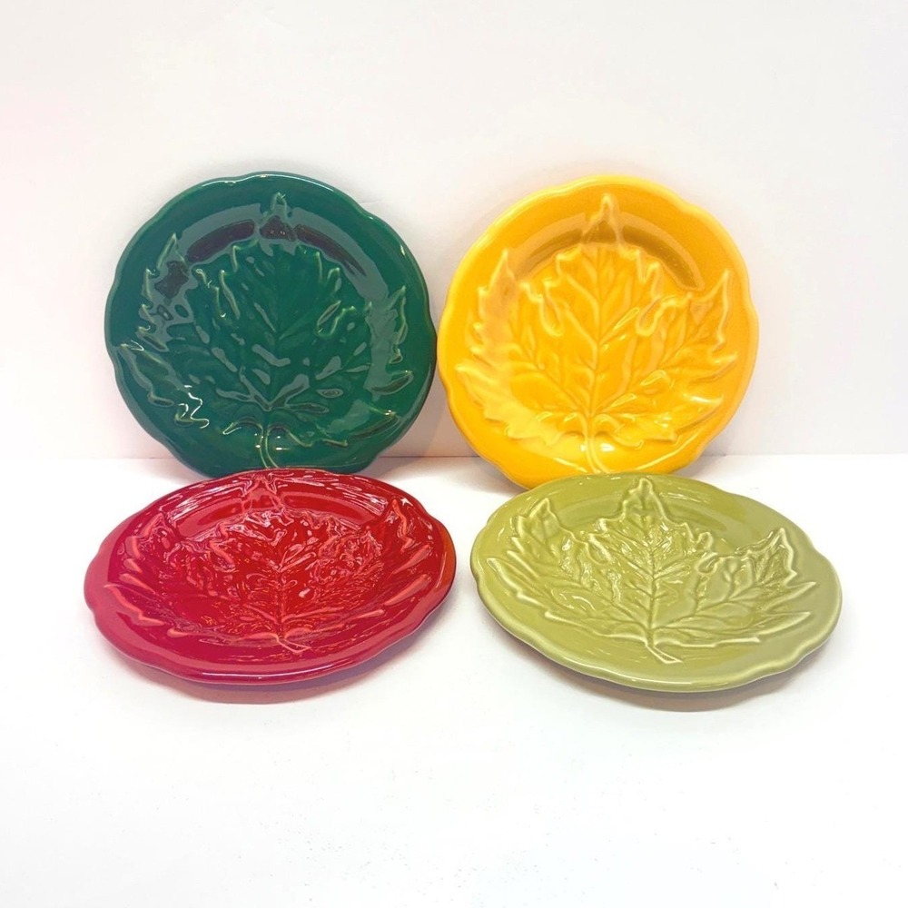 Longaberger Pottery Leaf Plate Set Maple Leaf Design Sage Paprika Butternut Ivy